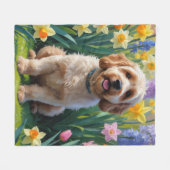 コッカプー犬の春の花の絵画 フリースブランケット (正面(横))