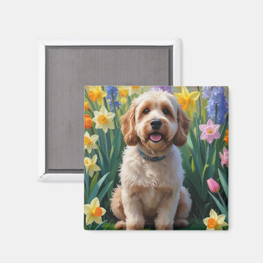コッカプー犬の春の花の絵画 マグネット (正面/裏面)