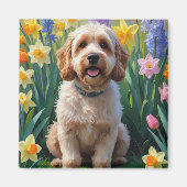 コッカプー犬の春の花の絵画 マグネット (正面)