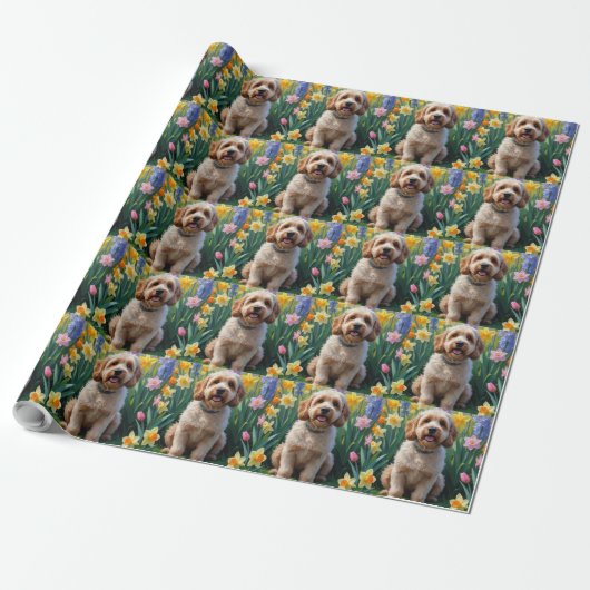コッカプー 犬 春の花 絵画 ラッピングペーパー (アンロールド)