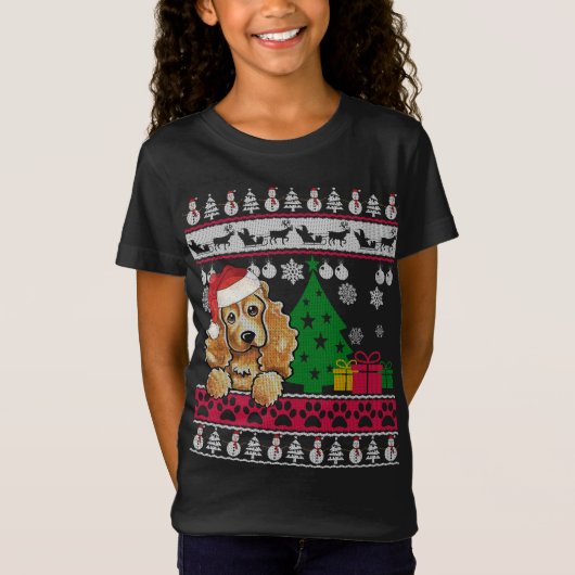 コッカーおもしろいスパニエル犬クリスマス醜いセーター犬ロー Tシャツ (正面)