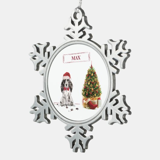 コッカースパニエル犬おもしろいクリスマスドッグと木 スノーフレークピューターオーナメント (右)