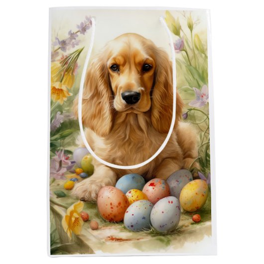 コッカースパニエル犬とイースターエッグホリデー ミディアムペーパーバッグ (正面)