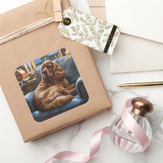 コッカースパニエル犬とクリスマスライトホリデイ スクエアシール (ギフト)