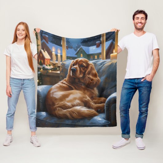 コッカースパニエル犬とクリスマスライトホリデイ フリースブランケット (インサイチュ)