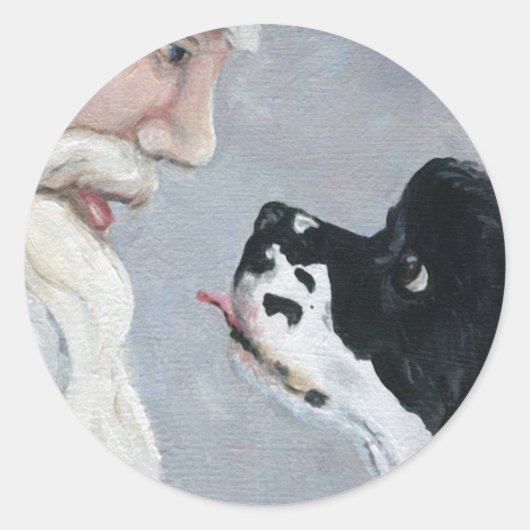 コッカースパニエル犬とサンタクロースのアートステッカー ラウンドシール (正面)