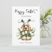 コッカースパニエル犬とバンニー耳ハッピーイースター シーズンカード (スタンド正面)