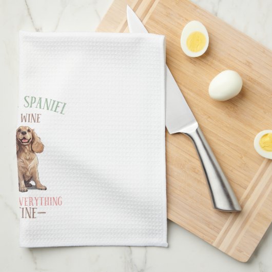コッカースパニエル犬とワイン キッチンタオル (四つ折り)
