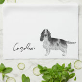 コッカースパニエル犬イン白黒&カスタム文字 キッチンタオル (折り畳み)