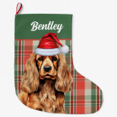 コッカースパニエル犬グリーンと犬の名前と赤い格子柄 ラージクリスマスストッキング (正面)
