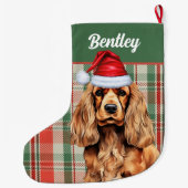 コッカースパニエル犬グリーンと犬の名前と赤い格子柄 ラージクリスマスストッキング (裏面)