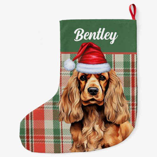 コッカースパニエル犬グリーンと犬の名前と赤い格子柄 ラージクリスマスストッキング (裏面)