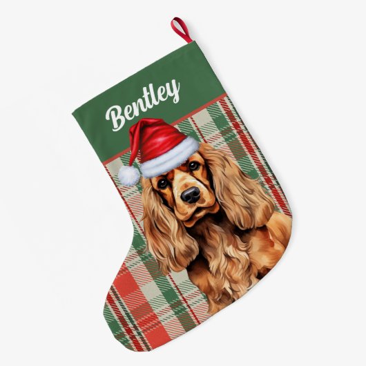 コッカースパニエル犬グリーンと犬の名前と赤い格子柄 ラージクリスマスストッキング (裏面 (吊り時))
