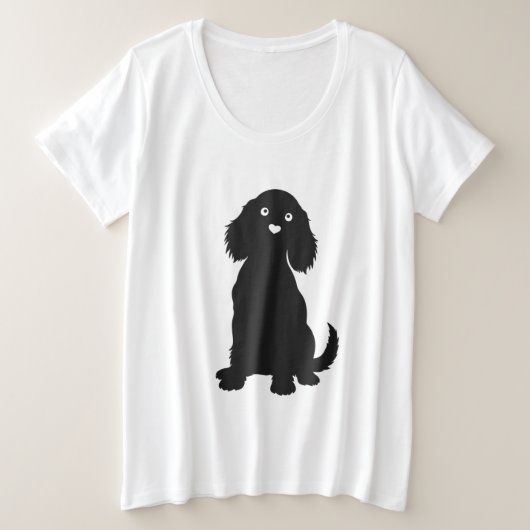 コッカースパニエル犬シルエットとハート鼻 プラスサイズTシャツ (デザイン正面)