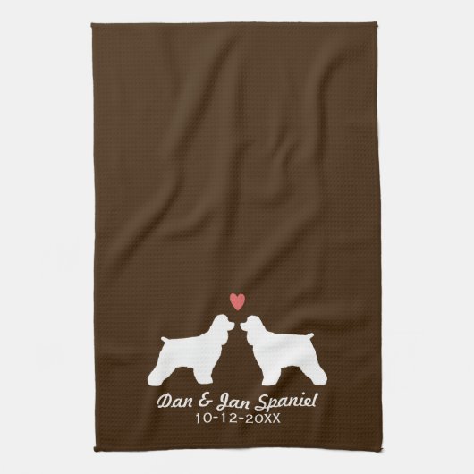 コッカースパニエル犬シルエットハートと文字 キッチンタオル (縦)