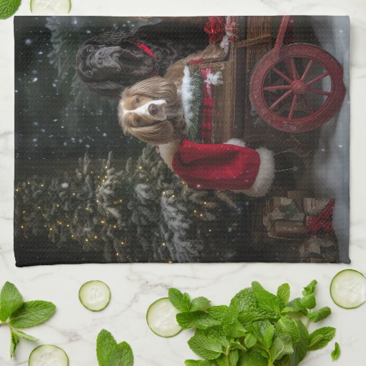 コッカースパニエル犬スノウリースレイクリスマスデコール キッチンタオル (折り畳み)