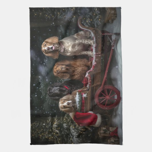 コッカースパニエル犬スノウリースレイクリスマスデコール キッチンタオル (縦)