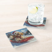 コッカースパニエル犬ドッグインスレッジそれを雪のクリスマス ガラスコースター (アングル)