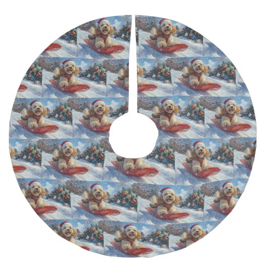 コッカースパニエル犬ドッグインスレッジそれを雪のクリスマス ブラッシュドポリエステルツリースカート (正面)