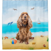 コッカースパニエル犬ドッグオンビーチ シャワーカーテン (正面)