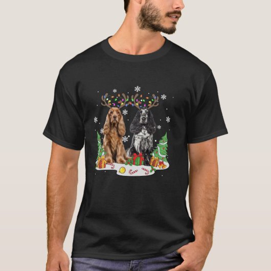コッカースパニエル犬ドッグクリスマスライトクリスマスコッカーSp Tシャツ (正面)