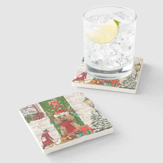 コッカースパニエル犬ドッグクリスマス ストーンコースター (横)