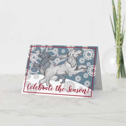コッカースパニエル犬ドッグスノーフレークウィンターブルークリスマス シーズンカード (正面)