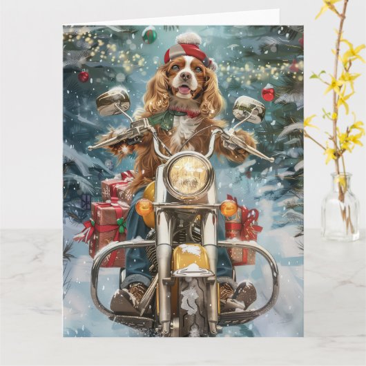 コッカースパニエル犬ドッグライディングオートバイクリスマス カード (黄色い花)