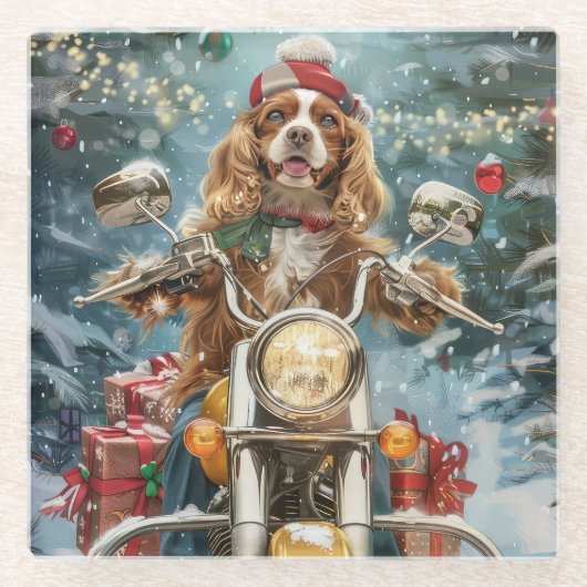 コッカースパニエル犬ドッグライディングオートバイクリスマス ガラスコースター (正面)