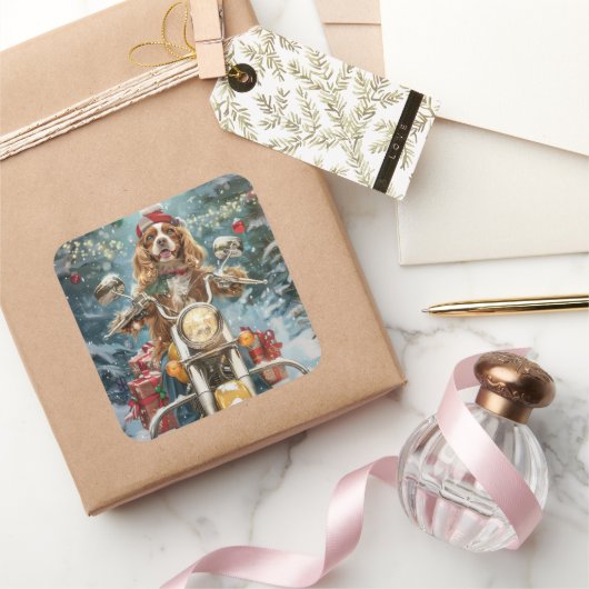 コッカースパニエル犬ドッグライディングオートバイクリスマス スクエアシール (ギフト)