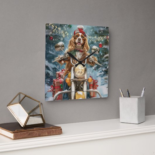 コッカースパニエル犬ドッグライディングオートバイクリスマス スクエア壁時計 (オフィス)