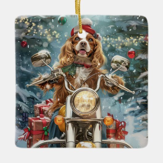 コッカースパニエル犬ドッグライディングオートバイクリスマス セラミックオーナメント (正面)