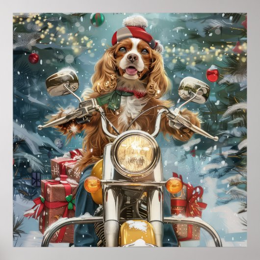 コッカースパニエル犬ドッグライディングオートバイクリスマス ポスター (正面)