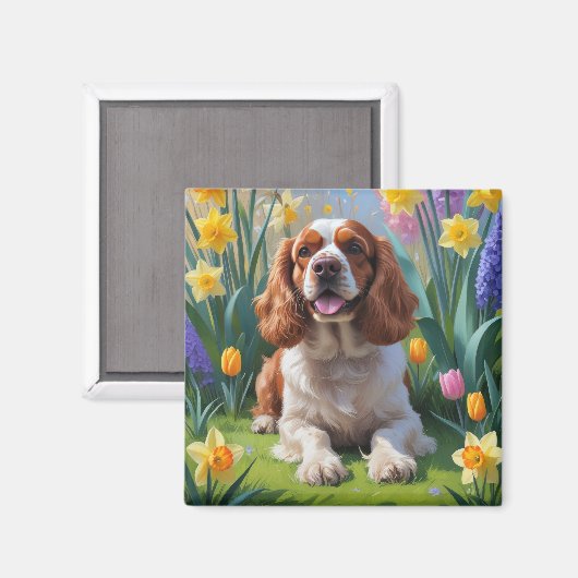 コッカースパニエル犬ドッグ春の花絵を描ズ マグネット (正面/裏面)