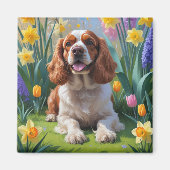 コッカースパニエル犬ドッグ春の花絵を描ズ マグネット (正面)