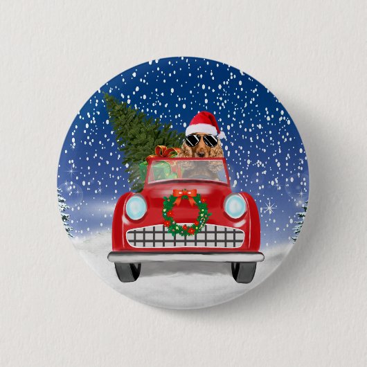 コッカースパニエル犬ドッグ雪のクリスマスに車を運転 缶バッジ (正面)