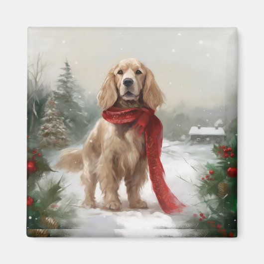 コッカースパニエル犬ドッグin雪のクリスマス マグネット (正面)