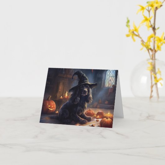 コッカースパニエル犬パンプキンスハロウィンホラー カード (黄色い花)