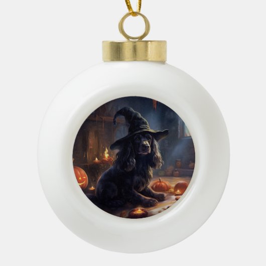 コッカースパニエル犬パンプキンスハロウィンホラー セラミックボールオーナメント (正面)