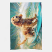 コッカースパニエル犬ビーチ絵画サーフィン キッチンタオル (縦)