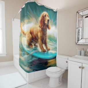 コッカースパニエル犬ビーチ絵画サーフィン シャワーカーテン