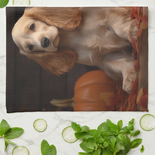 コッカースパニエル犬子犬オータムデライトカボチャ キッチンタオル (折り畳み)
