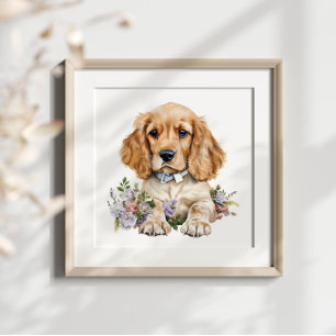 コッカースパニエル犬子犬ペットウォーター色の花 ポスター