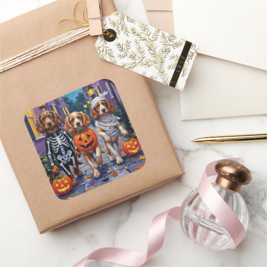 コッカースパニエル犬犬ハロウィーンでのトリックまたはトリートメント スクエアシール (ギフト)