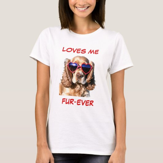 コッカースパニエル犬赤いハートハート型サングラス Tシャツ (正面)