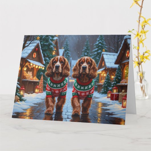 コッカースパニエル犬 クリスマス スノー ホリデー カード (黄色い花)