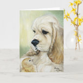 「コッカースパニエル犬&シック」ドッグアートのグリーティングカード カード (黄色い花)