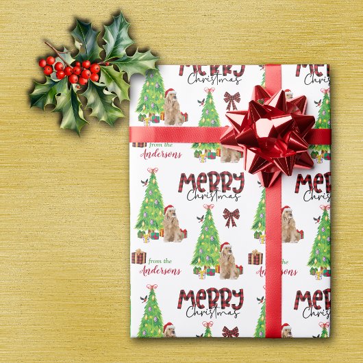 コッカースパニエル犬、鳥、クリスマスツリー ラッピングペーパー