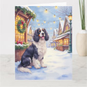 コッカースパニエル 雪景色の村のクリスマスアート カード (正面)
