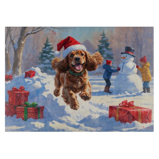 コッカー走スパニエル犬の雪のクリスマスハット カッティングボード (正面)